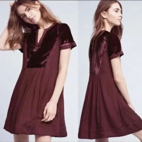 Anthropologie Maeve Ingrid Velvet Dress in Burgundy Size XS - Picture 1 of 4